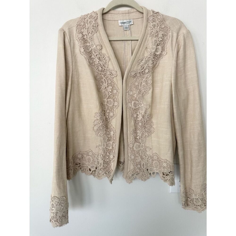 Coldwater Creek beige linen blend boho lace crochet jacket L